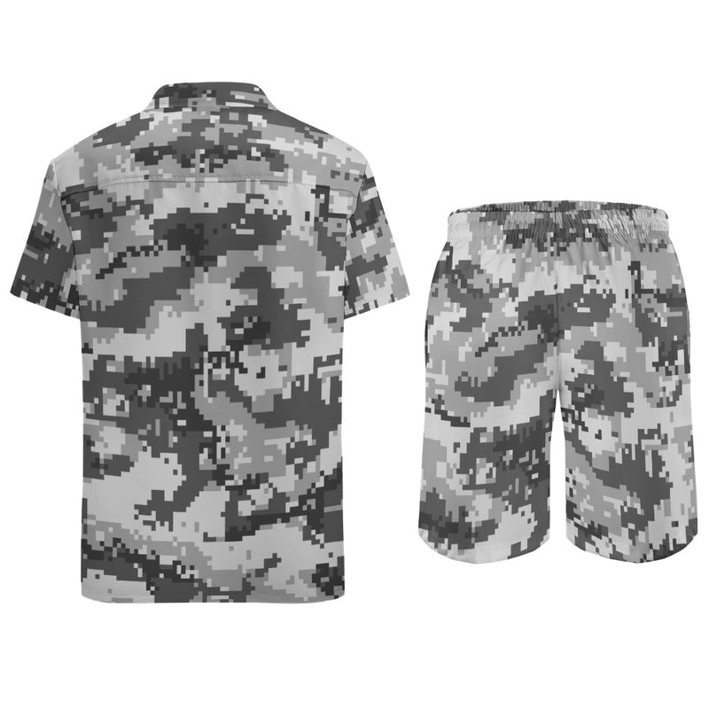 Men's Gray Digital Camouflage Short Shirt Set, made with breathable fabric for comfort.