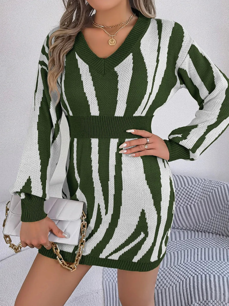 Animal Print V - Neck Long Sleeve Sweater Dress - Diverse Creations & Companysweater dressArmy Green