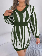 Animal Print V - Neck Long Sleeve Sweater Dress - Diverse Creations & Companysweater dressArmy Green