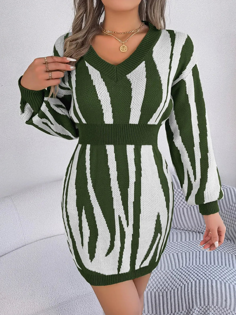 Animal Print V - Neck Long Sleeve Sweater Dress - Diverse Creations & Companysweater dressArmy Green