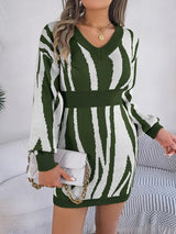 Animal Print V - Neck Long Sleeve Sweater Dress - Diverse Creations & Companysweater dressArmy Green