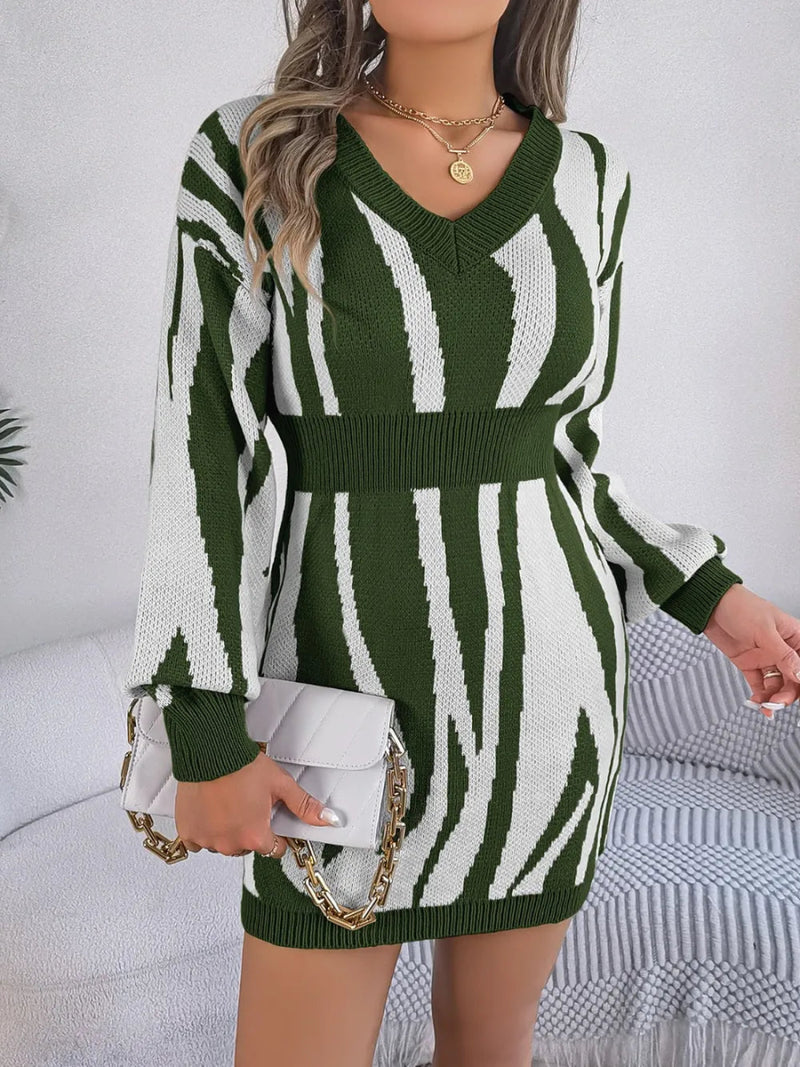 Animal Print V - Neck Long Sleeve Sweater Dress - Diverse Creations & Companysweater dressArmy Green