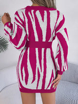 Animal Print V - Neck Long Sleeve Sweater Dress - Diverse Creations & Companysweater dressCerise