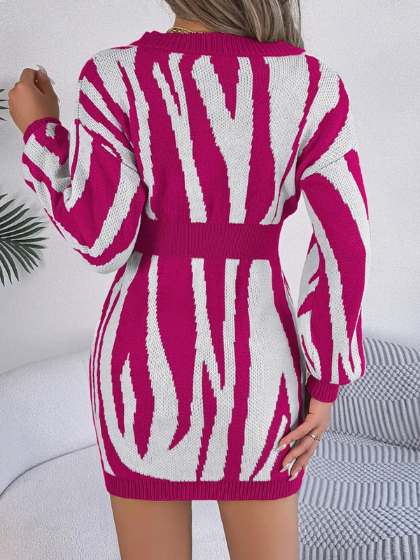 Animal Print V - Neck Long Sleeve Sweater Dress - Diverse Creations & Companysweater dressCerise