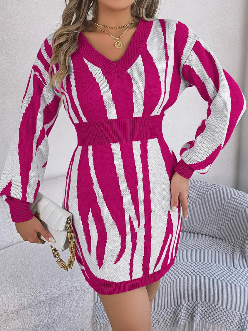 Animal Print V - Neck Long Sleeve Sweater Dress - Diverse Creations & Companysweater dressCerise