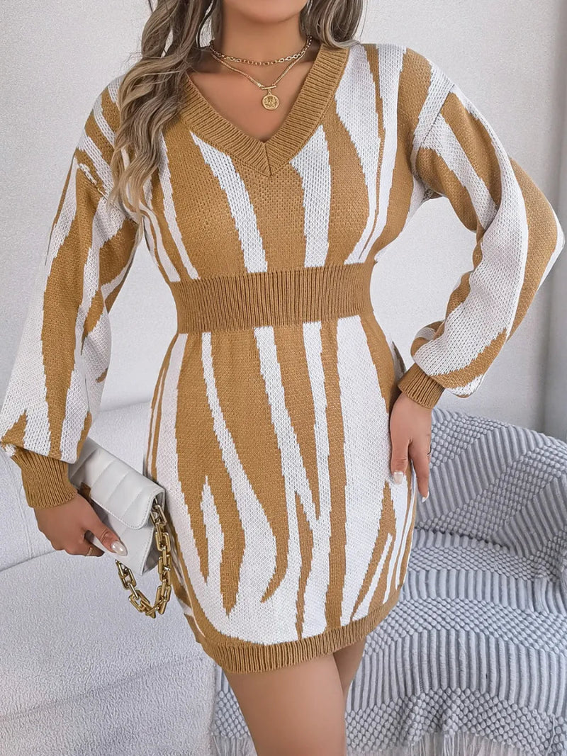 Animal Print V - Neck Long Sleeve Sweater Dress - Diverse Creations & Companysweater dressTan