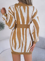 Animal Print V - Neck Long Sleeve Sweater Dress - Diverse Creations & Companysweater dressTan