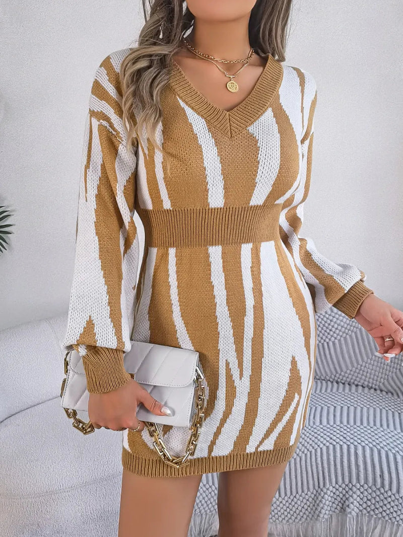 Animal Print V - Neck Long Sleeve Sweater Dress - Diverse Creations & Companysweater dressTan