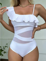Asymmetrical Ruffled One - Piece Swimwear - Diverse Creations & CompanyOne - Piece SwimwearWhite