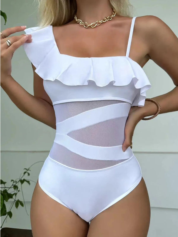 Asymmetrical Ruffled One - Piece Swimwear - Diverse Creations & CompanyOne - Piece SwimwearWhite