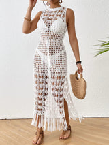 Backless Fringe Hem Round Neck Cover - Up Dress - Diverse Creations & CompanyCover - Ups swimwearWhite