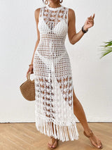 Backless Fringe Hem Round Neck Cover - Up Dress - Diverse Creations & CompanyCover - Ups swimwearWhite