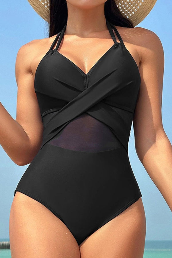 Black Crisscross Halter Neck One-Piece Swimwear - Diverse Creations & CompanyOne-Piece SwimwearBlack