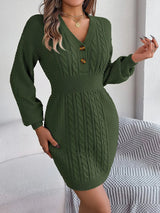 Buttoned Cable - Knit V - Neck Sweater Dress - Diverse Creations & CompanyButton sweater dressArmy Green