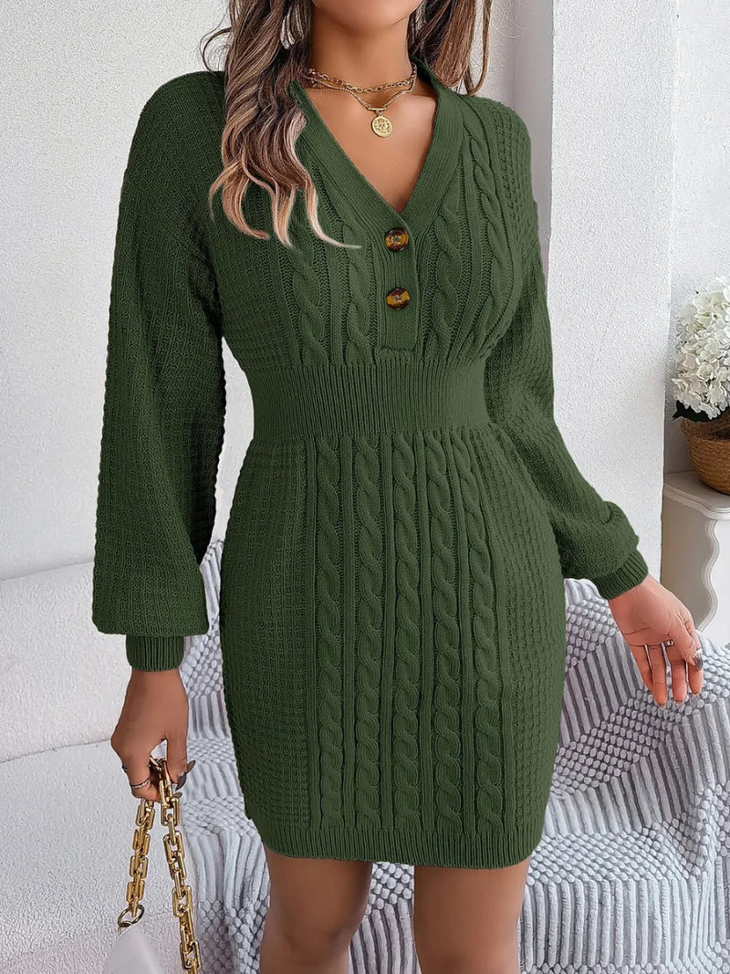 Buttoned Cable - Knit V - Neck Sweater Dress - Diverse Creations & CompanyButton sweater dressArmy Green