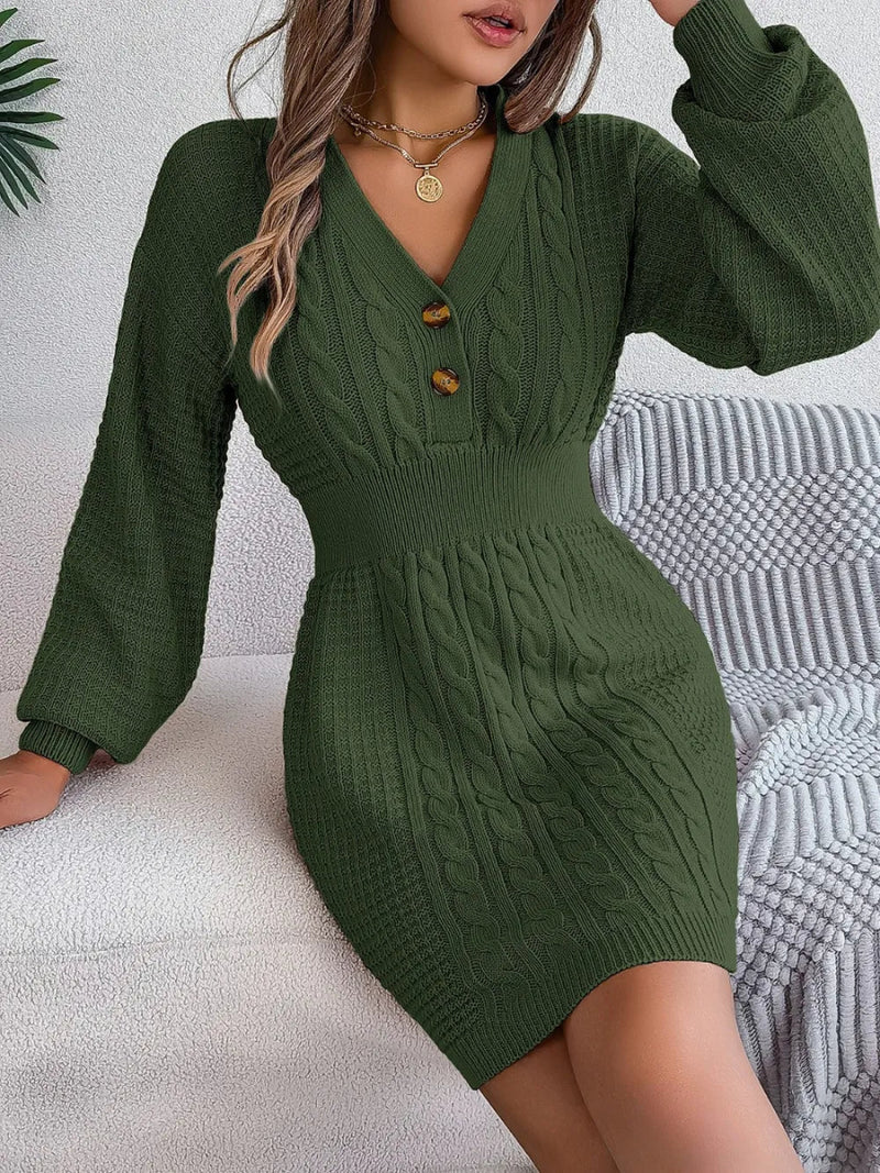 Buttoned Cable - Knit V - Neck Sweater Dress - Diverse Creations & CompanyButton sweater dressArmy Green