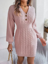 Buttoned Cable - Knit V - Neck Sweater Dress - Diverse Creations & CompanyButton sweater dressBlush Pink
