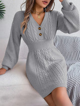 Buttoned Cable - Knit V - Neck Sweater Dress - Diverse Creations & CompanyButton sweater dressCharcoal