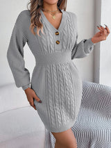 Buttoned Cable - Knit V - Neck Sweater Dress - Diverse Creations & CompanyButton sweater dressCharcoal