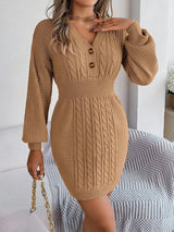Buttoned Cable - Knit V - Neck Sweater Dress - Diverse Creations & CompanyButton sweater dressKhaki