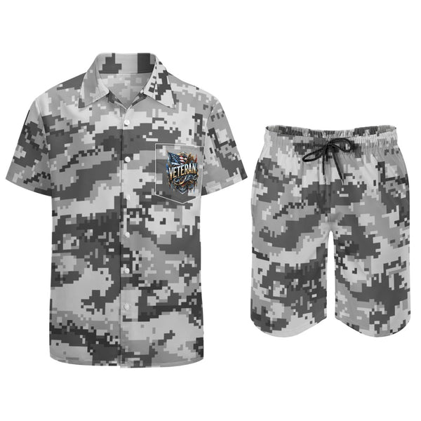 Digital Gray camouflage  mens short shirt set with veteran logo