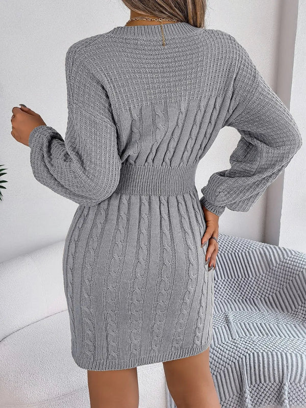 Cable - Knit Cutout Round Neck Slit Sweater Dress - Diverse Creations & Companysweater dressCharcoal