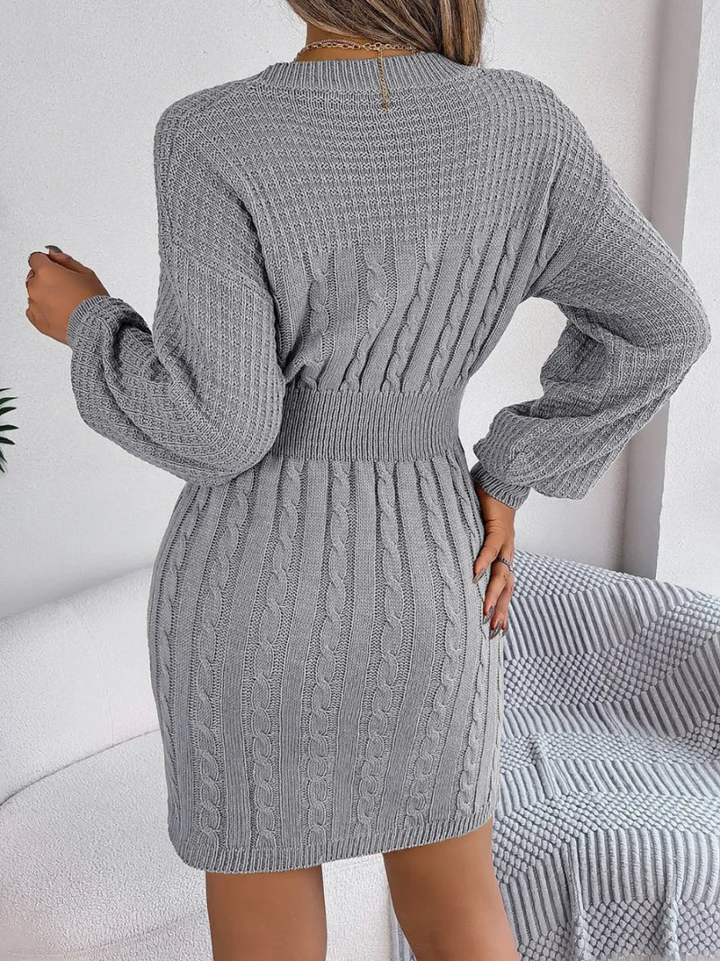 Cable - Knit Cutout Round Neck Slit Sweater Dress - Diverse Creations & Companysweater dressCharcoal