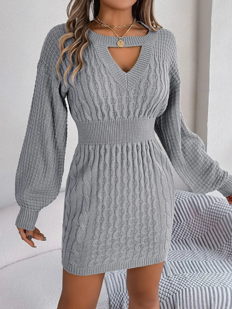 Cable - Knit Cutout Round Neck Slit Sweater Dress - Diverse Creations & Companysweater dressCharcoal