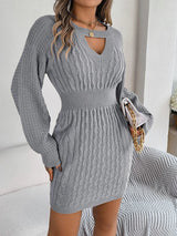 Cable - Knit Cutout Round Neck Slit Sweater Dress - Diverse Creations & Companysweater dressCharcoal