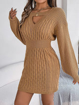 Cable - Knit Cutout Round Neck Slit Sweater Dress - Diverse Creations & Companysweater dressTan