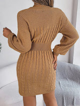 Cable - Knit Cutout Round Neck Slit Sweater Dress - Diverse Creations & Companysweater dressTan
