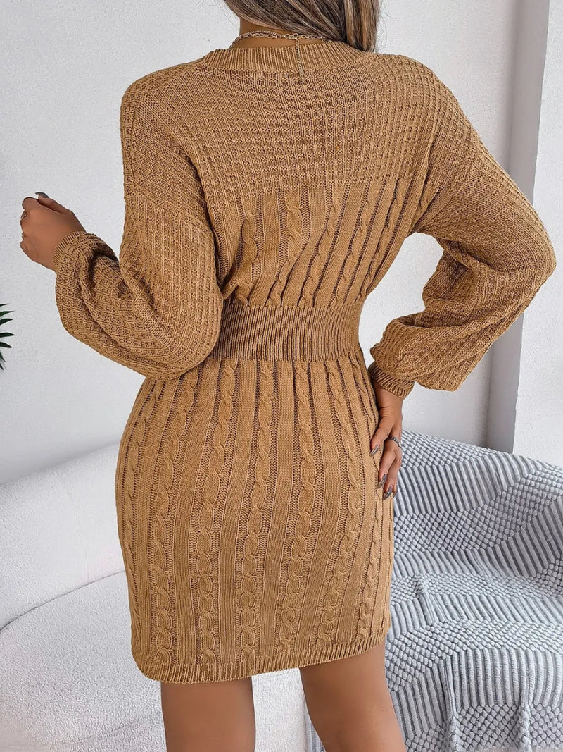 Cable - Knit Cutout Round Neck Slit Sweater Dress - Diverse Creations & Companysweater dressTan