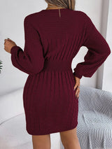 Cable - Knit Cutout Round Neck Slit Sweater Dress - Diverse Creations & Companysweater dressWine