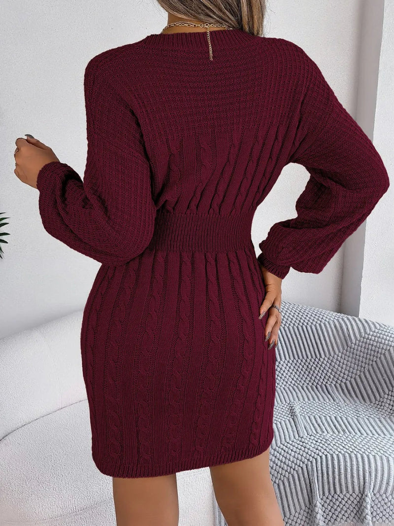 Cable - Knit Cutout Round Neck Slit Sweater Dress - Diverse Creations & Companysweater dressWine