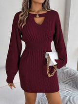 Cable - Knit Cutout Round Neck Slit Sweater Dress - Diverse Creations & Companysweater dressWine