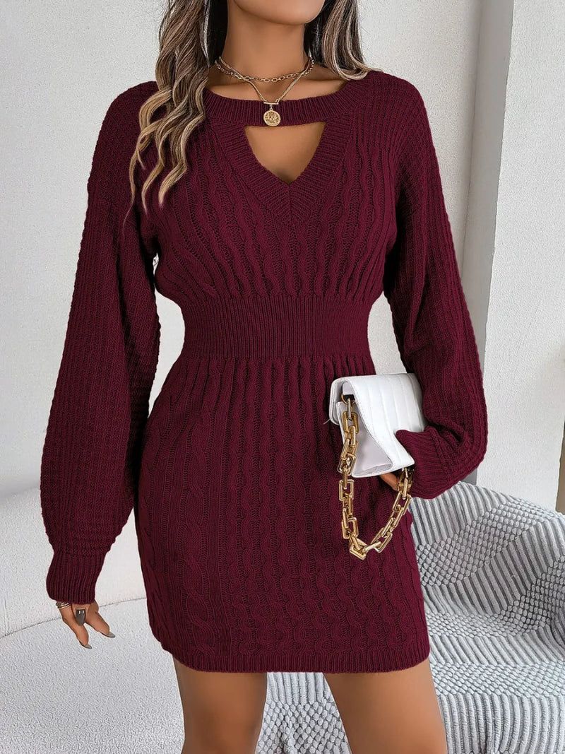 Cable - Knit Cutout Round Neck Slit Sweater Dress - Diverse Creations & Companysweater dressWine