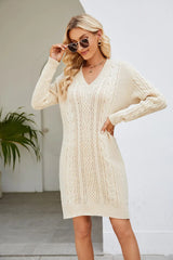 Cable - Knit Long Sleeve Sweater Dress - Diverse Creations & Companysweater dressCream