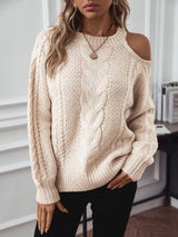 Cable Knit Round Neck Cold Shoulder Sweater - Diverse Creations & CompanyCable Knit Round Neck Cold Shoulder SweaterTan