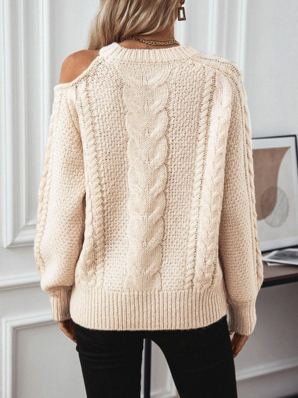 Cable Knit Round Neck Cold Shoulder Sweater - Diverse Creations & CompanyCable Knit Round Neck Cold Shoulder SweaterTan