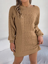 Cable - Knit Round Neck Sweater Dress - Diverse Creations & Companysweater dressCamel