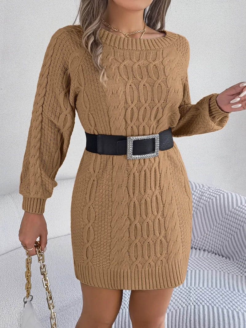 Cable - Knit Round Neck Sweater Dress - Diverse Creations & Companysweater dressCamel