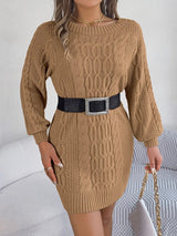 Cable - Knit Round Neck Sweater Dress - Diverse Creations & Companysweater dressCamel