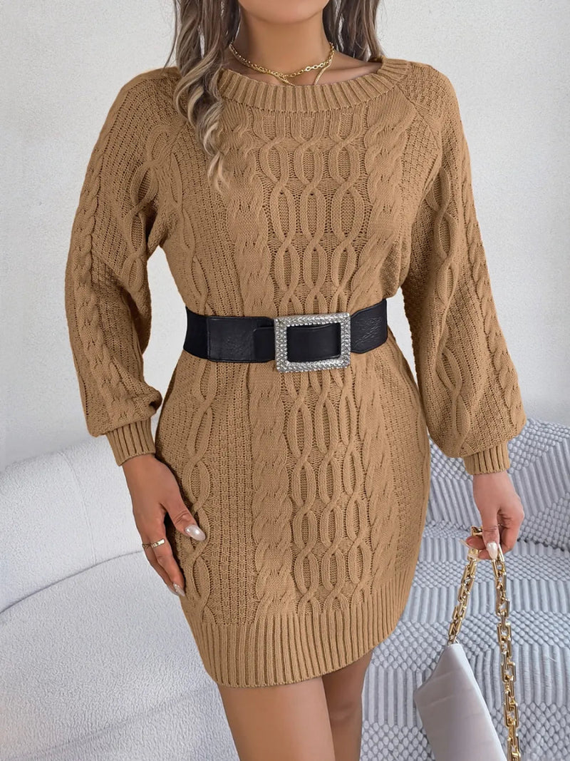 Cable - Knit Round Neck Sweater Dress - Diverse Creations & Companysweater dressCamel