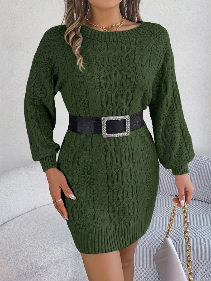 Cable - Knit Round Neck Sweater Dress - Diverse Creations & Companysweater dressDark Green