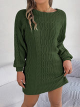 Cable - Knit Round Neck Sweater Dress - Diverse Creations & Companysweater dressDark Green