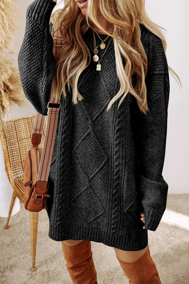 Cable - Knit Round Neck Sweater Dress - Diverse Creations & Companysweater dressBlack