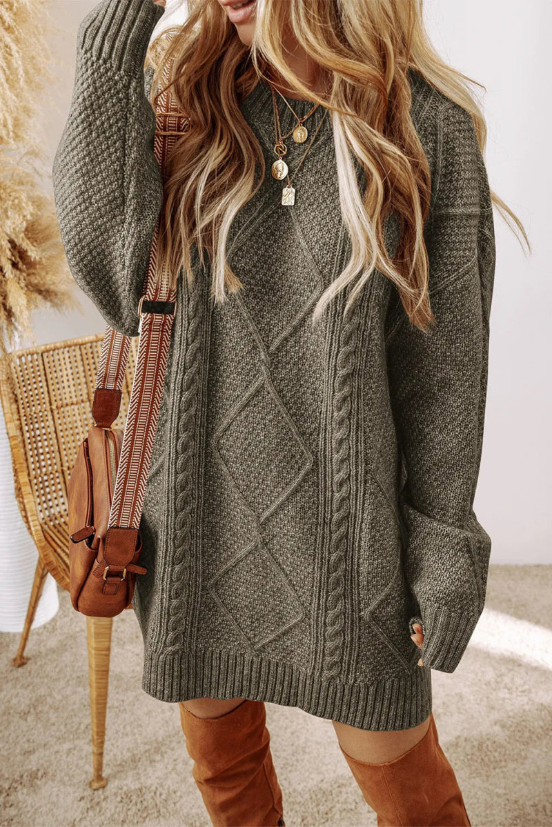 Cable - Knit Round Neck Sweater Dress - Diverse Creations & Companysweater dressSage
