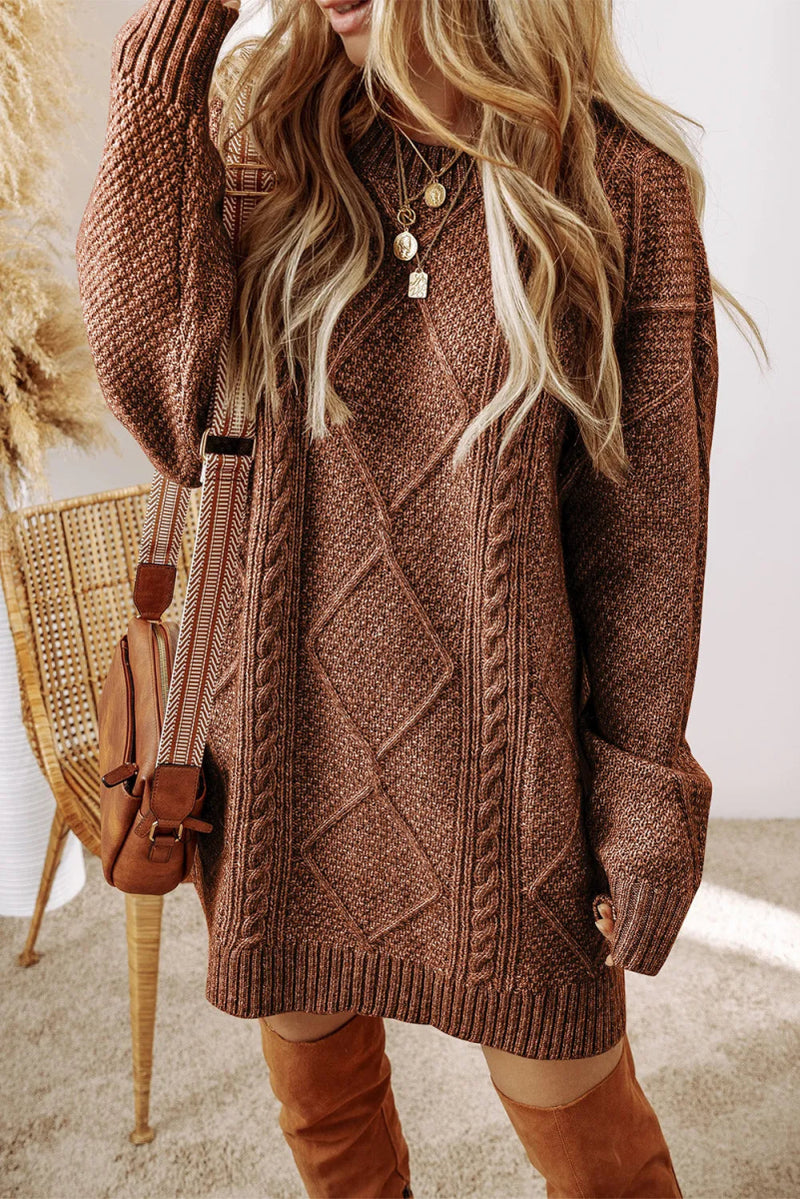 Cable - Knit Round Neck Sweater Dress - Diverse Creations & Companysweater dressTaupe