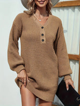 Camel V - Neck Dropped Shoulder Mini Sweater Dress - Diverse Creations & Companysweater dressCamel