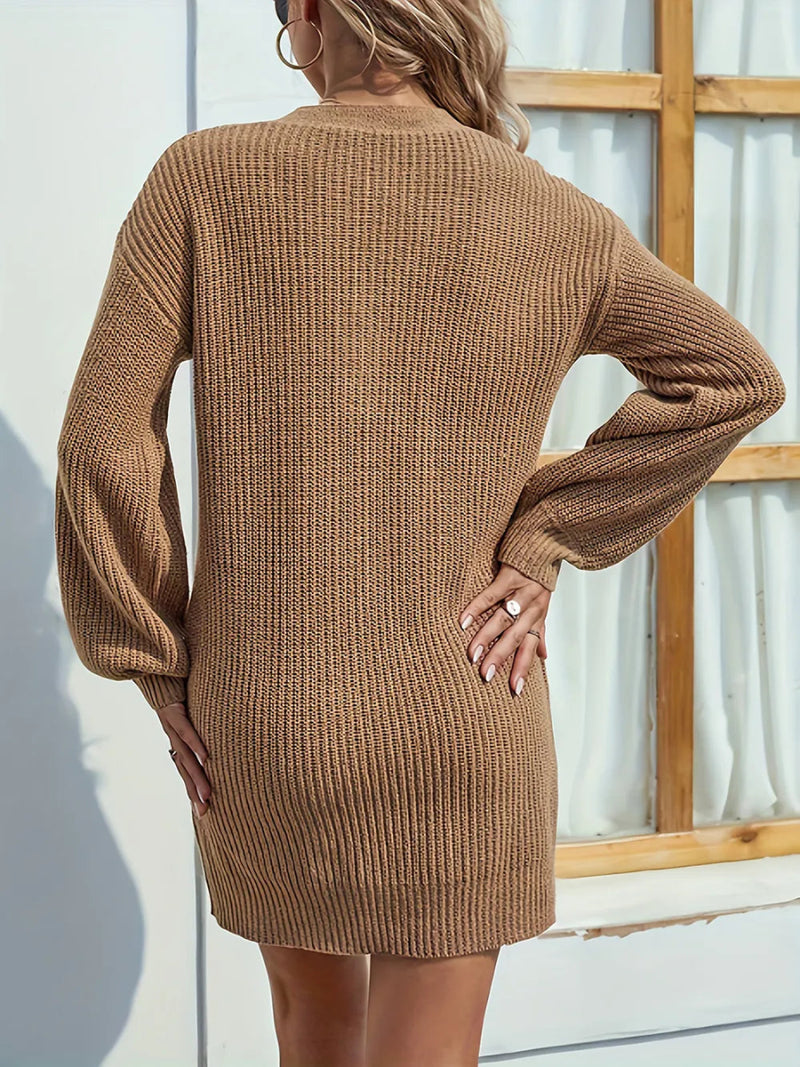 Camel V - Neck Dropped Shoulder Mini Sweater Dress - Diverse Creations & Companysweater dressCamel